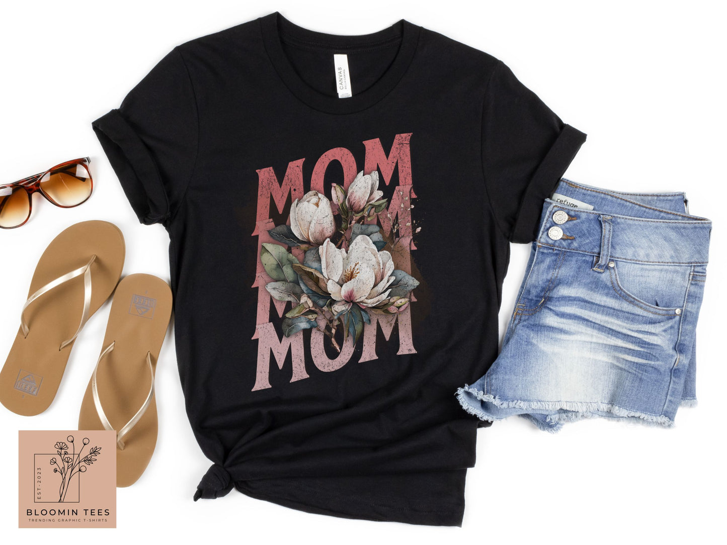 Mom Floral Graphic Tee, Vintage Style Graphic T-shirt, Mother's Day T-shirt, Simple Classic Tee for Mom, Mom Life