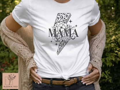 Mama Floral Leopard Print Graphic Tee, Vintage Lightning Bolt T-shirt, Mother's Day T-shirt, Simple Classic Tee For Mom, Mom Life