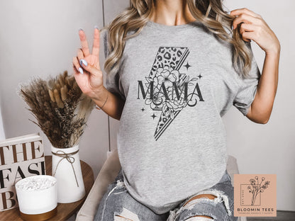 Mama Floral Leopard Print Graphic Tee, Vintage Lightning Bolt T-shirt, Mother's Day T-shirt, Simple Classic Tee For Mom, Mom Life