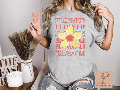 Trendy Flower Graphic T-shirt, Vintage Wording shirt, Fun Flower Tee, Hand-Drawn Flower, Boho Graphic Top, Women's Floral Tee, Crewneck Top