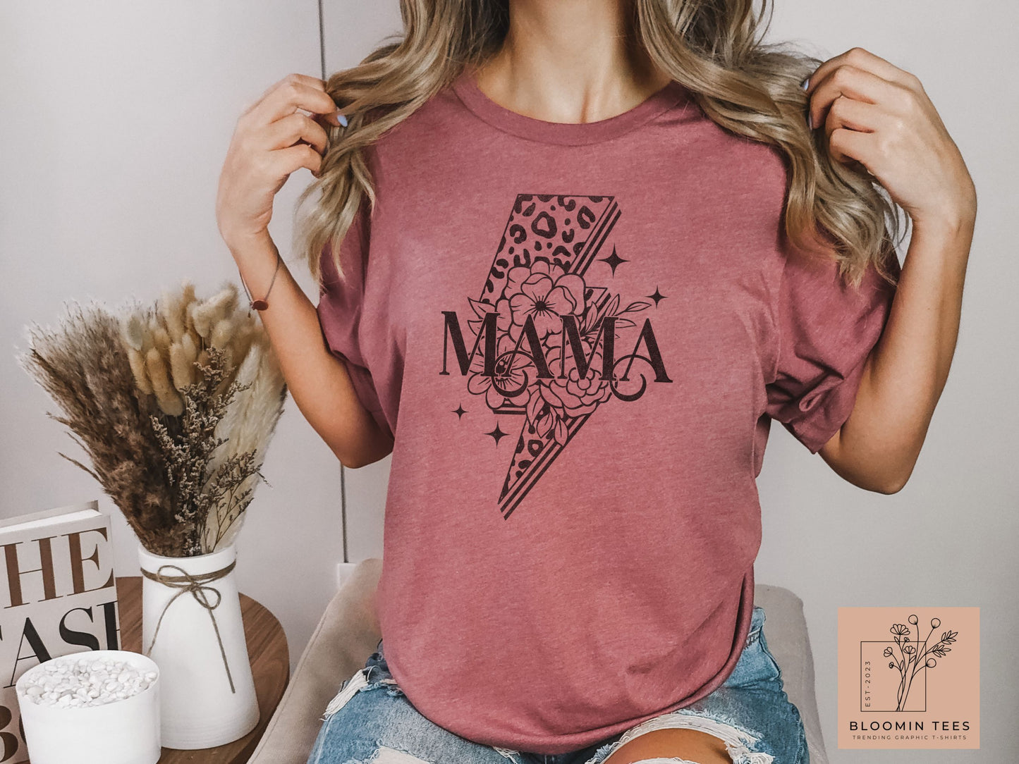 Mama Floral Leopard Print Graphic Tee, Vintage Lightning Bolt T-shirt, Mother's Day T-shirt, Simple Classic Tee For Mom, Mom Life