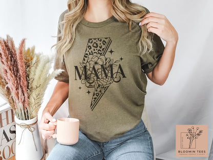 Mama Floral Leopard Print Graphic Tee, Vintage Lightning Bolt T-shirt, Mother's Day T-shirt, Simple Classic Tee For Mom, Mom Life