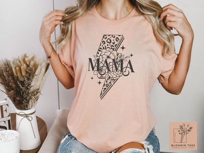 Mama Floral Leopard Print Graphic Tee, Vintage Lightning Bolt T-shirt, Mother's Day T-shirt, Simple Classic Tee For Mom, Mom Life