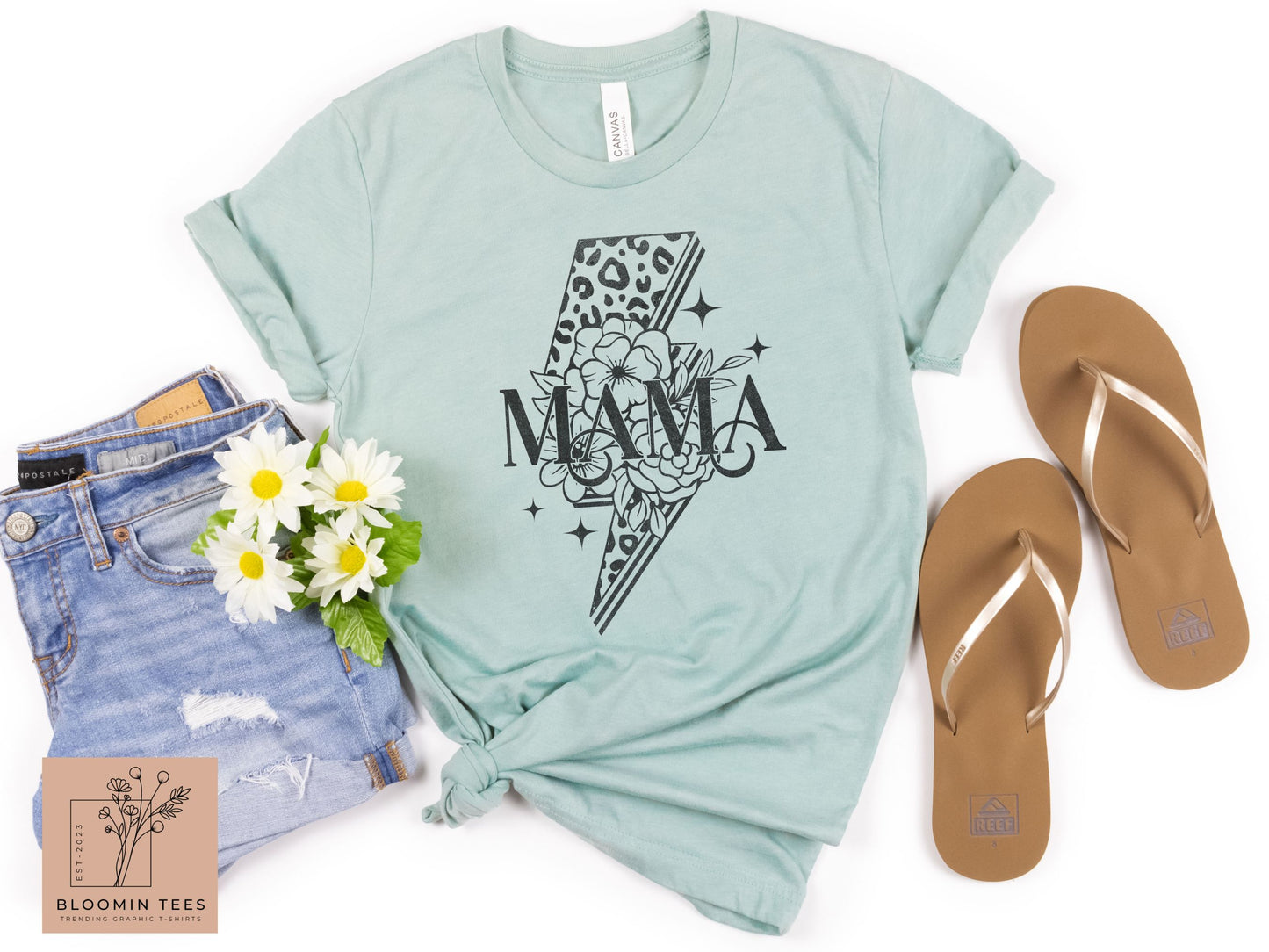 Mama Floral Leopard Print Graphic Tee, Vintage Lightning Bolt T-shirt, Mother's Day T-shirt, Simple Classic Tee For Mom, Mom Life