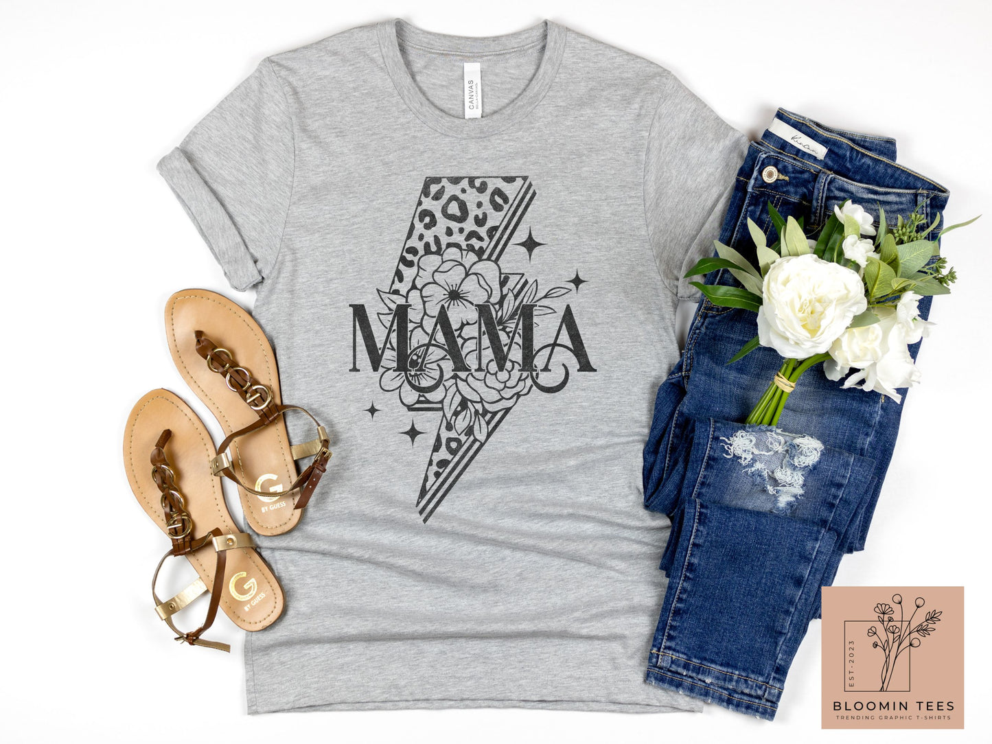 Mama Floral Leopard Print Graphic Tee, Vintage Lightning Bolt T-shirt, Mother's Day T-shirt, Simple Classic Tee For Mom, Mom Life